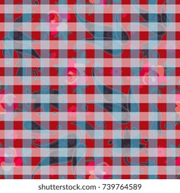 Seamless checkered pattern with paisley and roses. Trendy print for fabric. Vector illustration.