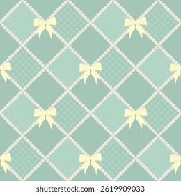 Seamless Checkered Pattern with Pearls and Yellow Ribbon Bows on Teal. Elegant Teal Plaid Pattern with Bow and Pearl Grid.