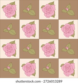 Patrón a cuadros sin fisuras con rosas y brotes rosados, cuadrados beige y marrón con líneas de cuadrícula oscura