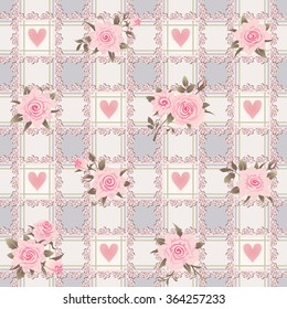 Seamless checkered pattern with pink roses, hearts and laces. Vector floral shabby chic background.