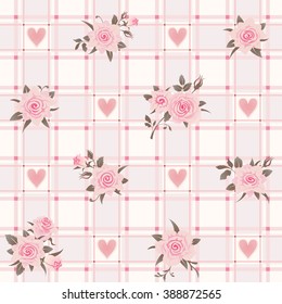 Patrón de cuadros sin inconvenientes con rosas rosas rosas y corazones rosas. Vector floral de fondo chic y chic.