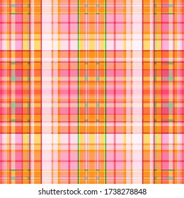 Seamless checkered pattern in pink and yellow colors with a splash of green. Bright pattern of stripes and squares. Fashionable and glamorous decoration of any of your bold advertising projects.
