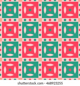 Seamless checkered pattern with polka dots in coral, green, and red. Festival seamless background. Great for cover design, wrapping paper, home textile, apparel, fabric pattern. Vector image.