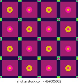 Seamless checkered pattern with polka dots in purple, green, and yellow. 60s retro seamless background. Great for cover design, wrapping paper, home textile, apparel, fabric pattern. Vector.
