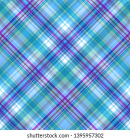 Seamless checkered pattern with a predominance of light blue and magenta shades, tartan pattern, vector. Great for decorating fabrics, textiles, gift wrapping, any printed materials, advertising.  