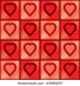 Seamless checkered pattern with red hearts in the form of chocolate bars.