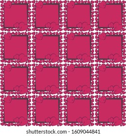 Seamless checkered pattern. Red repeating squares with hearts in a frame on a white background for wrapping gift paper, fabric, textile, postcard, cover, package