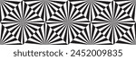 Seamless checkered pattern: rhombus and lines radiating from the center. Monochrome Optical Illusion. Vector illustration. 