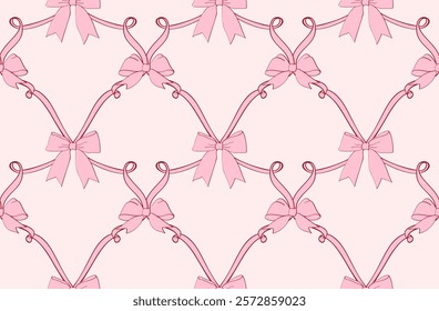 Seamless checkered pattern with ribbon bows. Cute coquette style wallpaper, vintage elegant hand drawn background in pastel colors. Decoration for wedding, Valentine's day, print, gifts, packaging.