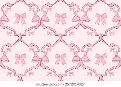 Seamless checkered pattern with ribbon bows. Cute coquette style wallpaper, vintage elegant hand drawn background in pastel colors. Decoration for wedding, Valentine's day, print, gifts, packaging.