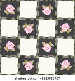 Seamless checkered pattern with rose flowers. Patchwork style. Print for fabric, ceramic tile.