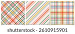 Seamless checkered pattern set featuring three retro plaid designs with intersecting lines in soft shades of red, green, blue, pink, and yellow. Perfect for fabric, fashion, wrapping, or backgrounds.
