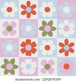 Seamless checkered pattern with simple flowers. Vector graphics.