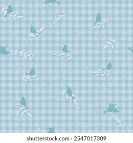 Seamless checkered pattern with trendy gingham checks with little birds sitting on branches for wrapping paper, clothing, textile and other design projects