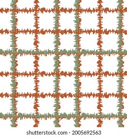 Seamless checkered pattern with uneven edge in pastel shades of green, rust on a white background, vector