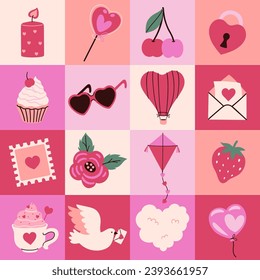 Seamless checkered pattern with Valentine's day items. Vector graphics.