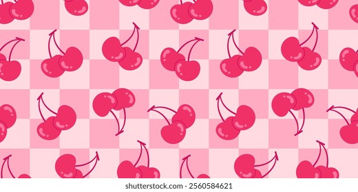 Seamless checkered pattern with vibrant pink cherries on a soft pink background. Perfect for Valentine's Day, romantic themes, packaging, textiles, and playful designs. Sweet and cheerful fruit motif.