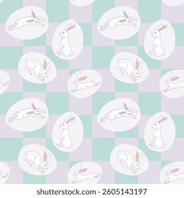 Seamless checkered pattern with white rabbits in organic egg shape. Easter bunny repeat wallpaper. Pastel green and purple background.