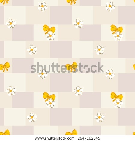 Seamless checkered pattern with yellow bows and white flowers. Soft pastel background. For baby textiles, wrapping paper, spring fabric, or vintage-themed design. Vector illustration