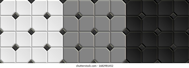 Seamless checkered patterns of vintage ceramic floor. Repeating textures of white, black, gray wall tiles background