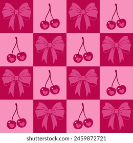 Seamless checkered pink pattern with cherries and bows. Vector graphics.