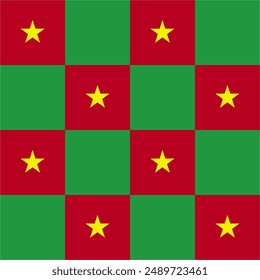 Seamless Checkered Red, Green and Yellow Star Seamless Pattern