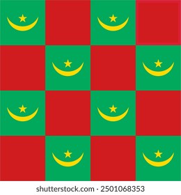 Seamless Checkered Red, Green and Yellow Gold Crescent and Star Mauritania Seamless Pattern