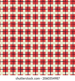 Seamless checkered repeating pattern with red squares and hand drawn grid. Plaid background for wrapping paper, surface design and other design projects