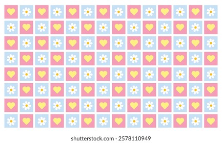 seamless checkered retro flowers and hearts in pink, blue and white seamless pattern on a light background For home decor, wallpaper, textile and fabric.