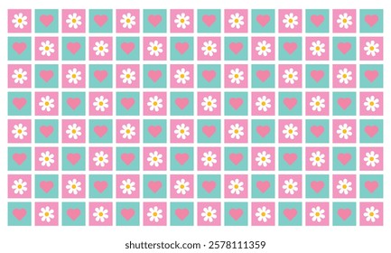 seamless checkered retro flowers and hearts in tosca, pink and blue seamless pattern on a light background For home decor, wallpaper, textile and fabric.