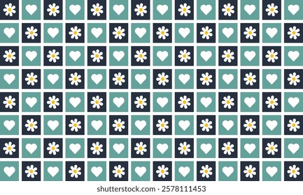 seamless checkered retro flowers and hearts in dark blue, tosca and green seamless pattern on a light background For home decor, wallpaper, textile and fabric.