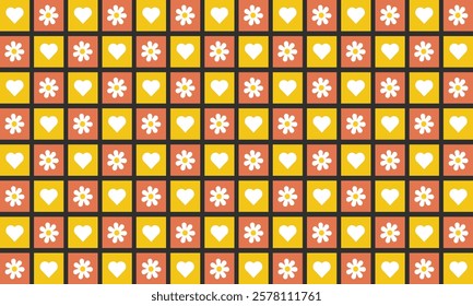 seamless checkered retro flowers and hearts in beige, orange and yellow seamless pattern on a light background For home decor, wallpaper, textile and fabric.