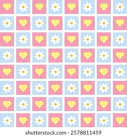 seamless checkered retro flowers and hearts in pink, blue and white seamless pattern on a light background For home decor, wallpaper, textile and fabric.