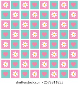 seamless checkered retro flowers and hearts in tosca, pink and blue seamless pattern on a light background For home decor, wallpaper, textile and fabric.