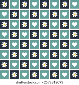 seamless checkered retro flowers and hearts in dark blue, tosca and green seamless pattern on a light background For home decor, wallpaper, textile and fabric.