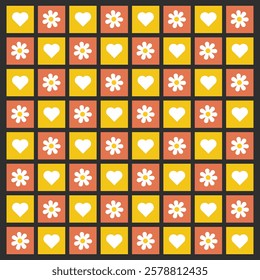 seamless checkered retro flowers and hearts in beige, orange and yellow seamless pattern on a light background For home decor, wallpaper, textile and fabric.