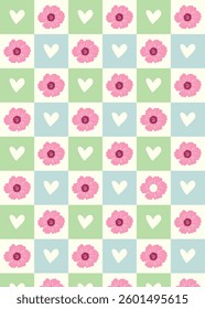 seamless checkered retro flowers and hearts  in beige, blue and green, pink seamless pattern on a light background For home decor, wallpaper, textile and fabric.