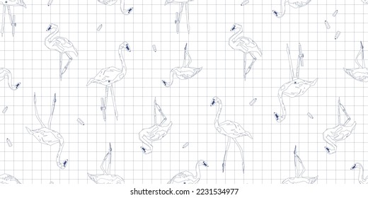 Patrón de escuela a cuadros sin inconveniente con flamencos y lápices en un fondo blanco. Libro de colorear con un pájaro con un bolígrafo en lugar de un pico y piernas - brújulas. Impresión animal para el concepto de geometría de cobertura