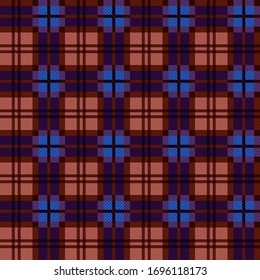 Tonos de violeta oscura, marrón y azul, tonos beige, motivos de ilustración como manta escocesa