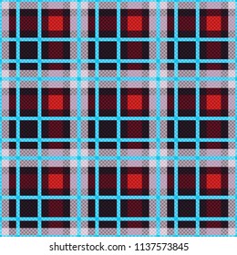 Seamless checkered texture mainly in red and grey hues with light blue lines, vector as a fabric texture