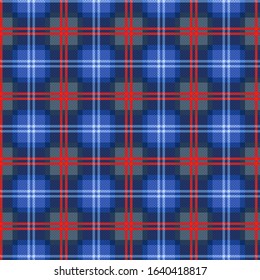 Seamless checkered traditional fabric pattern mostly in blue hues with bright red lines, illustration pattern as a tartan plaid 