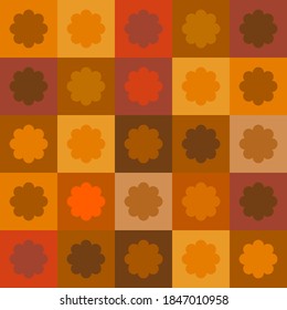 Seamless checkered vector pattern with brown flowers in sea frame. Abstract geometric background.