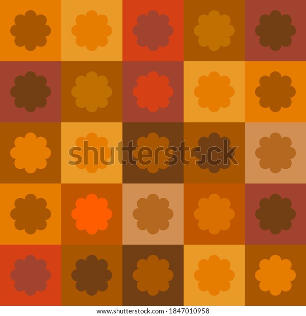 Seamless checkered vector pattern with brown flowers in sea frame. Abstract geometric background.