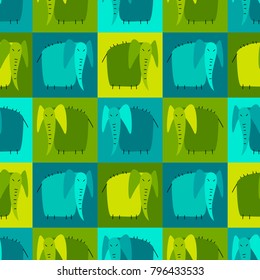 Seamless checkered vector pattern with cartoon elephants in shades of green.