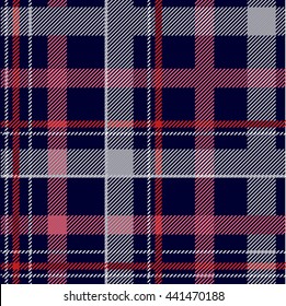 Seamless Checkered Vector Pattern. Chequered Cotton Fabric with Diagonal Hatching. Red, Blue, White Checkers and Stripes. Dark Shirts, Plaids Cotton Fabric. Retro Textile Design Collection.