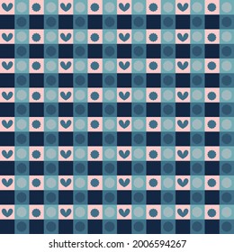 Seamless checkered vector pattern with heart and circle. Abstract geometric pattern for decorating, wrapping paper, wallpaper, fabric, backdrop and etc.