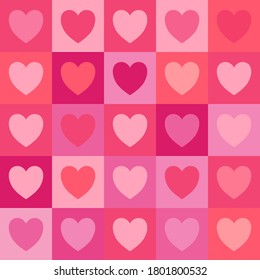 Seamless checkered vector pattern with pink heart. Abstract geometric background.