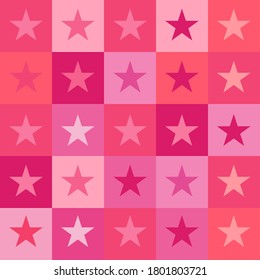 Seamless checkered vector pattern with pink star. Abstract geometric background.