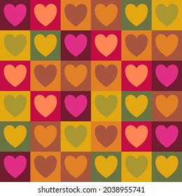 Seamless checkered vector pattern with pink heart. Abstract geometric background.