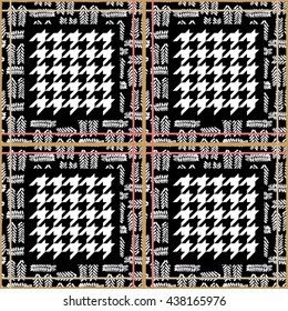 Seamless Checkered Woolen Coat Pattern. Classical English Hounds Tooth print. Inspired by traditional British textile design Prince of Wales. Chequered suit fabric print. Black, white checkers. 